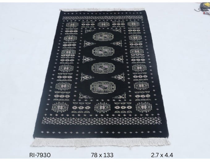 Hand-knotted Mori Bokhara Cotton and Wool Rug, Geomatrical in Black base and Black border, 2.7 x 4.4 ft