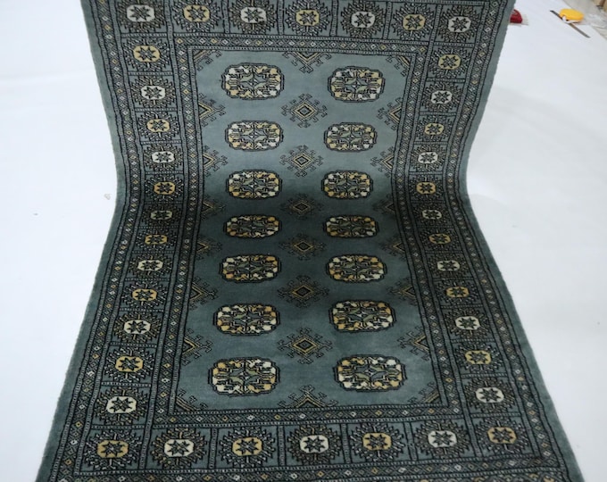 Hand Knotted Gray Wool Mori Bokhara Rug, 3x5 Ft, Tribal Geometric Rug