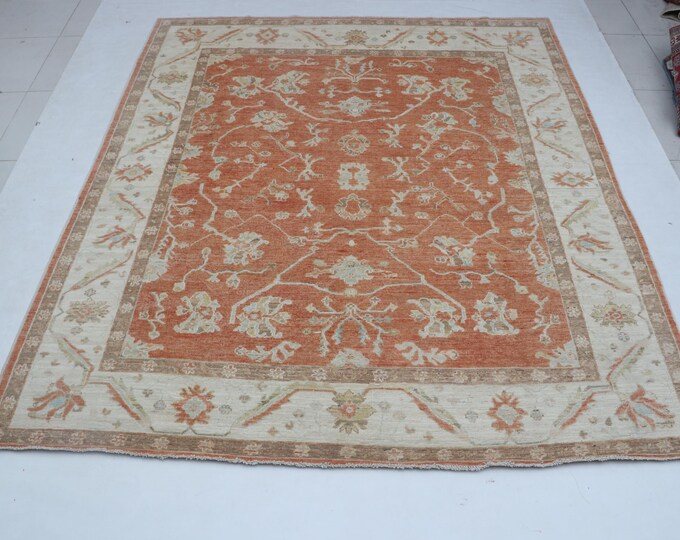 8.2 X 9.7 ft Copper and Beige Floral Handmade ,Oshak Wool