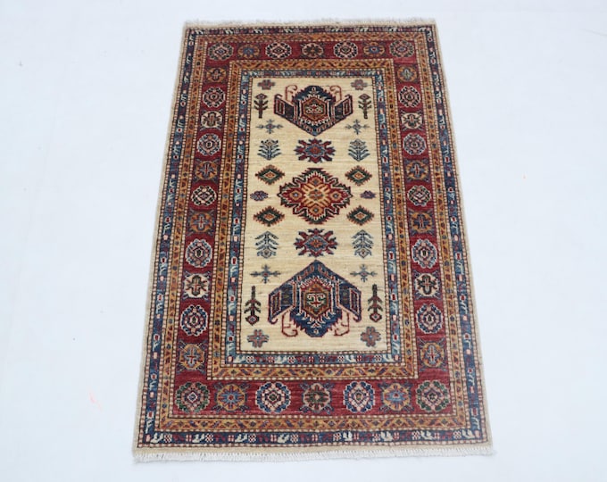 2.6 X 4.0 ft Red and Beige Geomatrical Handmade Runner, Super Kazak Cotton and Wool