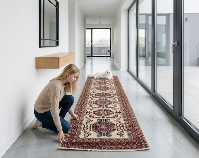 2.7 X 9.5 ft Beige and Red Geomatrical Handmade Runner, Super Kazak Cotton and Wool