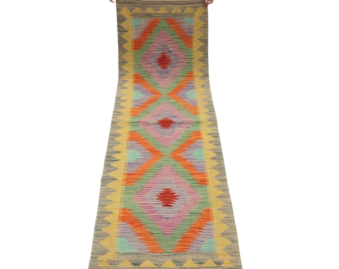 2.5 X 6.5 ft Runner Handmade Geometrical Killim Rug, Muilty, Wool