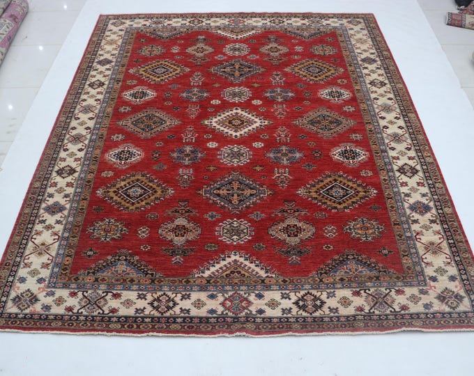 8.4 X 9.1 ft Red and Beige Geomatrical Handmade , Super Kazak Cotton and Wool