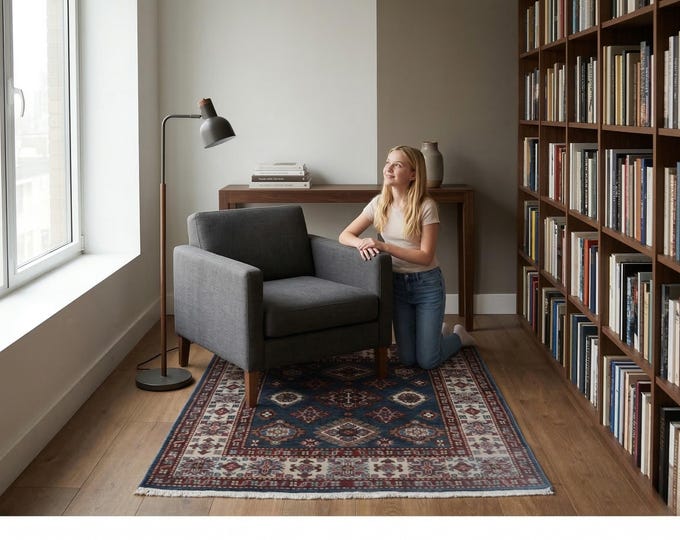 3.2 X 3.1 ft Blue and Beige Geomatrical Handmade , Super Kazak Cotton and Wool