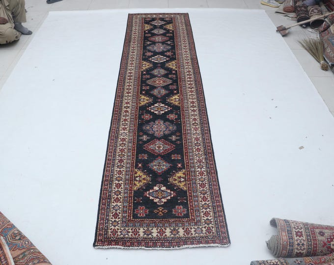 Hand-knotted Super Kazak Cotton and Wool Rug, Geomatrical in Black base and Beige border, 2.9 X 11.9 ft