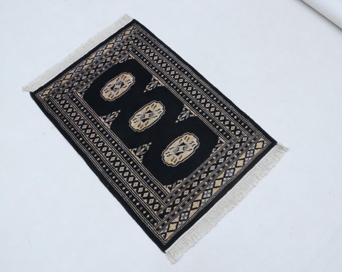 2.1 X 3.0 ft Black Geomatrical Handmade, Mori Bokhara Cotton and Wool