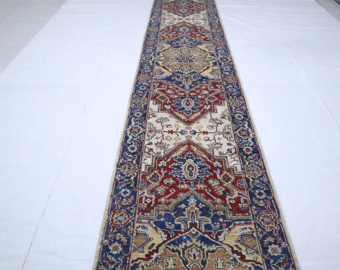 12 Ft Hand Knotted Heriz Wool Runner Rug, Red and Blue