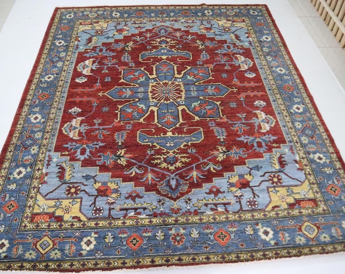 8x10 Ft Heriz Area Rug, Red and Blue Hand Knotted Afghan Wool Rug
