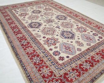5x8 Afghan Kazak Rug – Hand-Knotted Wool, Geometric Design