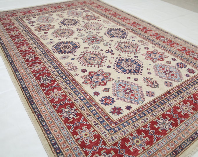 5x8 Afghan Kazak Rug – Hand-Knotted Wool, Geometric Design