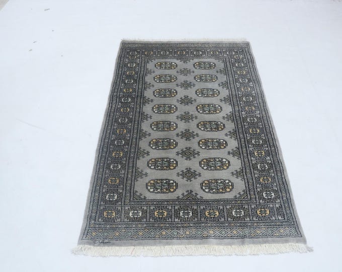 3.0 X 4.11 ft Gray Geomatrical Handmade ,Mori Bokhara Cotton and Wool