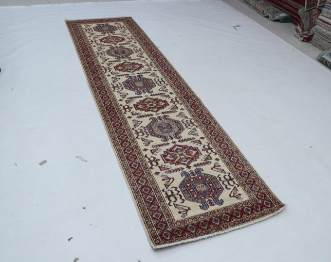 2.7 X 9.5 ft Beige and Red Geomatrical Handmade Runner, Super Kazak Cotton and Wool
