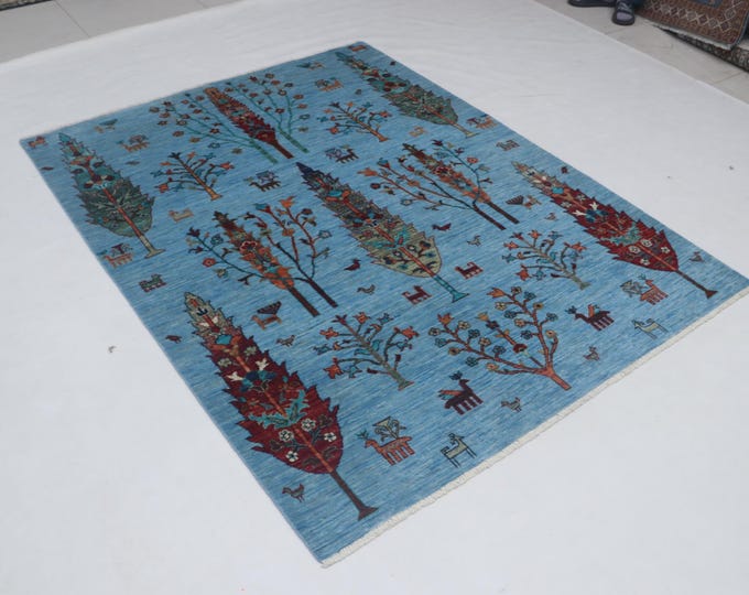 Hand-knotted Khurjeen Cotton and Wool Rug, Floral in Blue base and Blue border, 5.0 X 6.4 ft