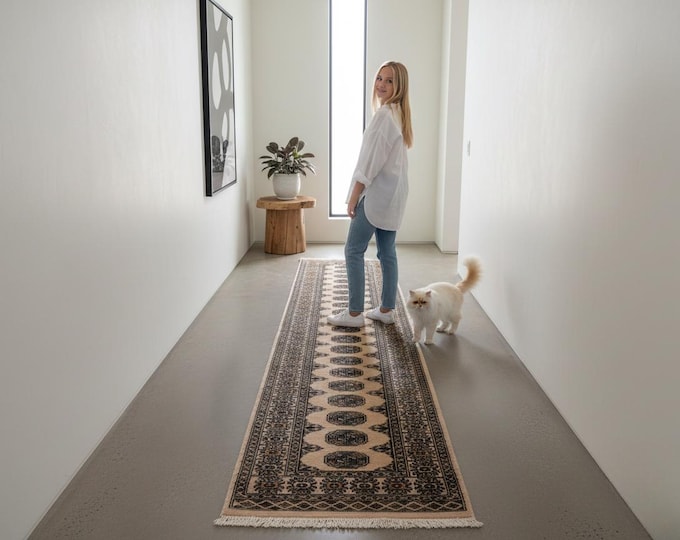 2.5 X 10.0 ft Beige Geomatrical Runner Handmade, Mori Bokhara Cotton and Wool