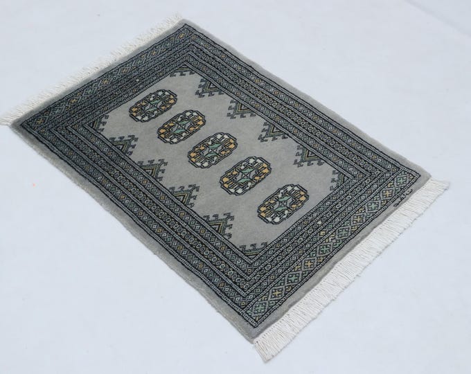 2.1 X 2.10 ft Gray Geomatrical Handmade ,Mori Bokhara Cotton and Wool