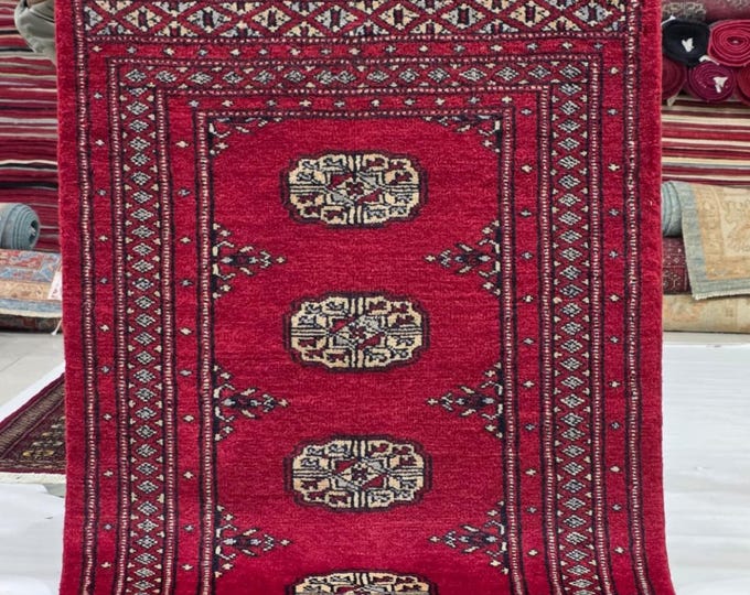 2.5 X 4 ft Red Geometrical Handmade, Mori Bokhara Rug Cotton and Wool