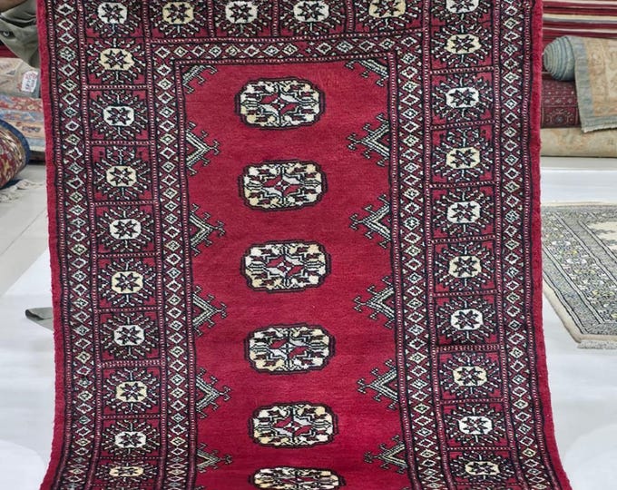 2.5 X 4 ft Red Geometrical Handmade, Mori Bokhara Rug Cotton and Wool