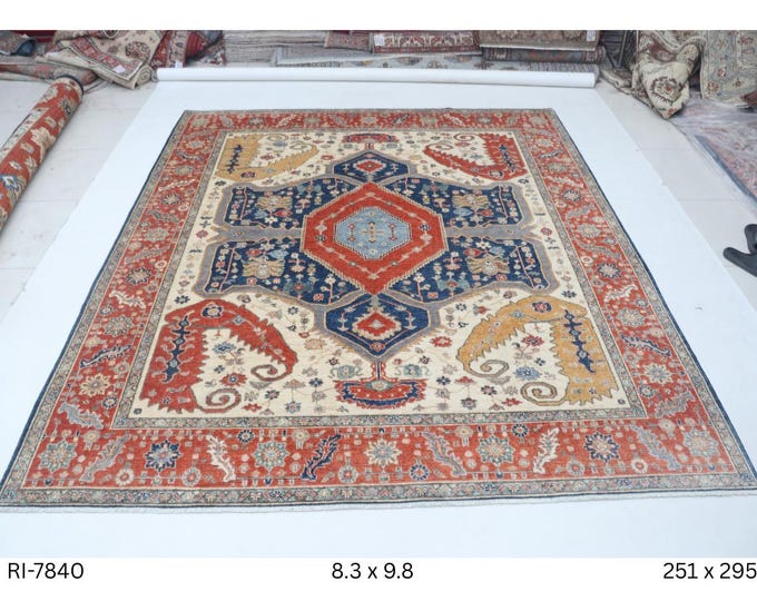 Hand-knotted Heriz Cotton and Wool Rug, Floral in Blue base and Orange border, 8.3 x 9.8 ft