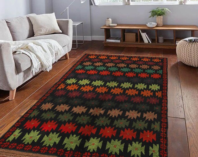 Hand-knotted Baluchi in Black and Rainbow 3.93 x 6.56 ft