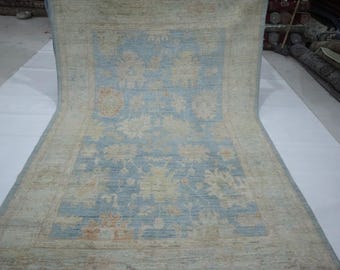 6x9 Ft Hand-Knotted Wool Oushak Rug – Soft Blue Turkish Design