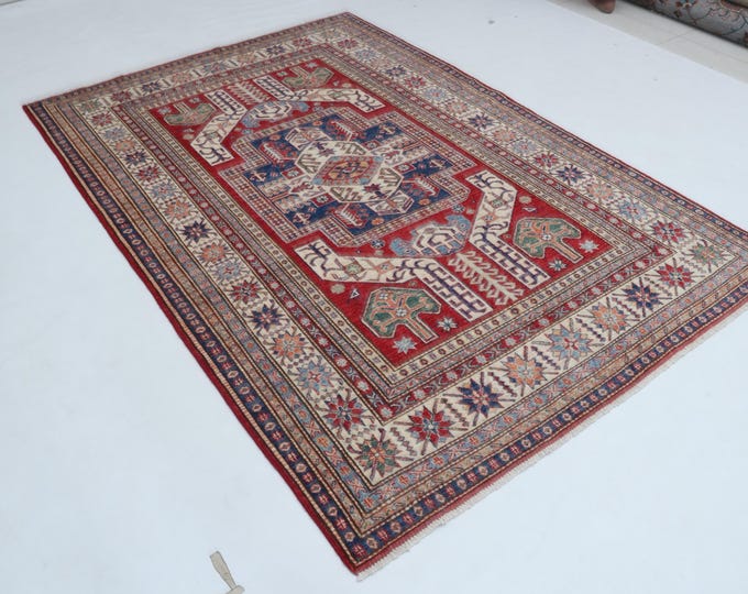 5.3 X 7.9 ft Red and Beige Geomatrical Handmade , Super Kazak Cotton and Wool