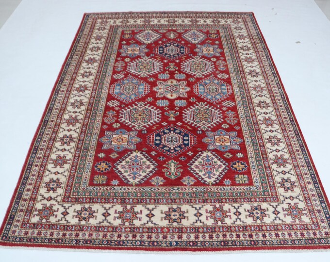 5.6 X 7.10 ft Beige and Red Geomatrical Handmade, Super Kazak Cotton and Wool