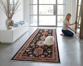 2..8 X 7.8 ft Black and Copper Floral Handmade Runner ,Heriz Cotton and Wool