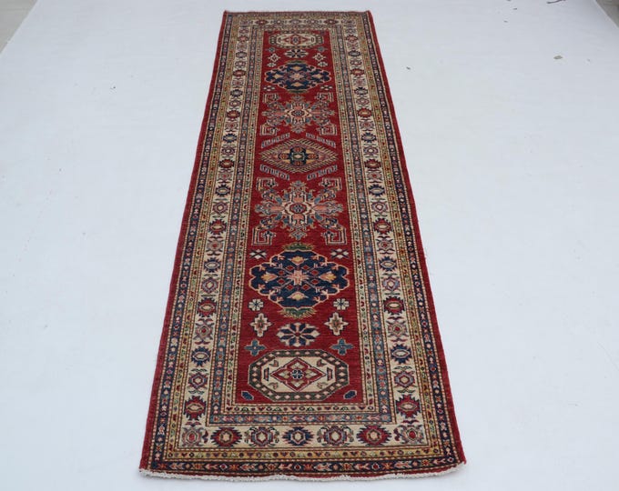 2.7 X 8.2 ft Beige and Red Geomatrical Handmade Runner, Super Kazak Cotton and Wool