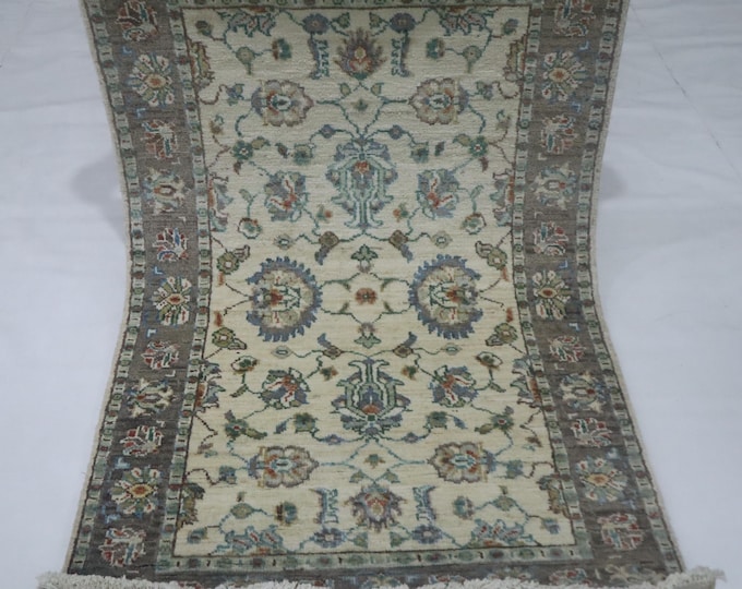 3x4 Beige Brown Afghan Chobi Rug, Hand-Knotted Wool, Floral Veg Dye