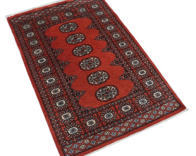2.7 X 4.0 ft Red Geomatrical Handmade ,Mori Bokhara Cotton and Wool