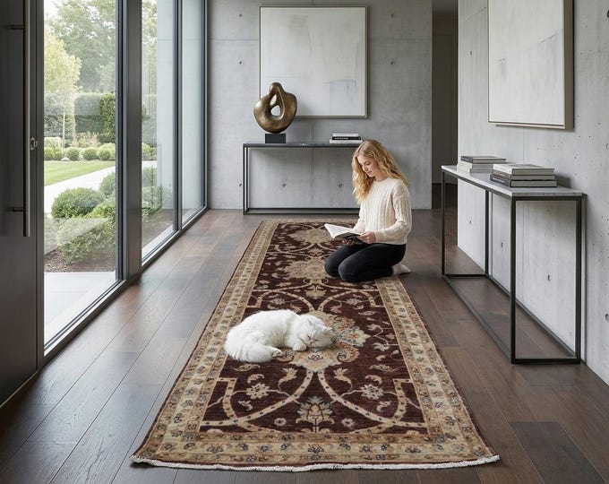 2.7 X 8.10 ft Brown and Beige Floral Handmade Runner ,Heriz Cotton and Wool