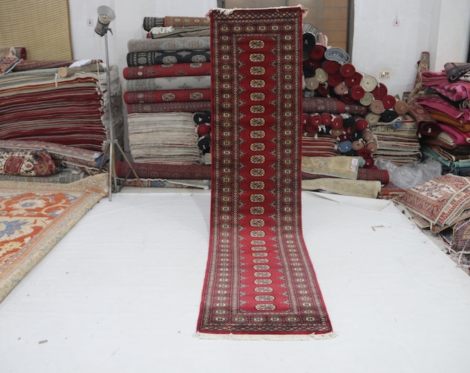3 X 11 ft Red Geomatrical Handmade Runner, Mori Bokhara Cotton and Wool