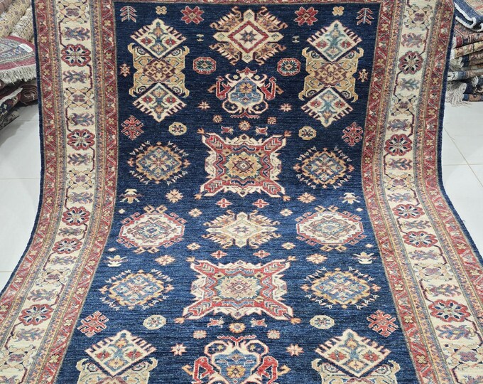 5.5 X 8 ft Handmade Geometrical Square Super Kazak Rug, Blue and Beige, Cotton and Wool