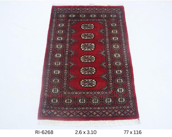 Hand-knotted Mori Bokhara Rug, Red Wool and Cotton, 2.6 x 3.10 ft