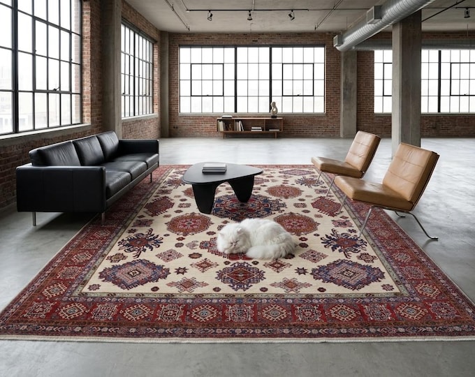 8 X 10 ft Beige and Red Geomatrical Handmade Runner, Super Kazak Cotton and Wool8 X 10