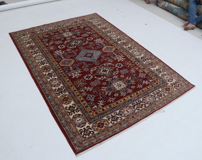 5 X 7 ft Red and Beige Geomatrical Handmade, Super Kazak Cotton and Wool