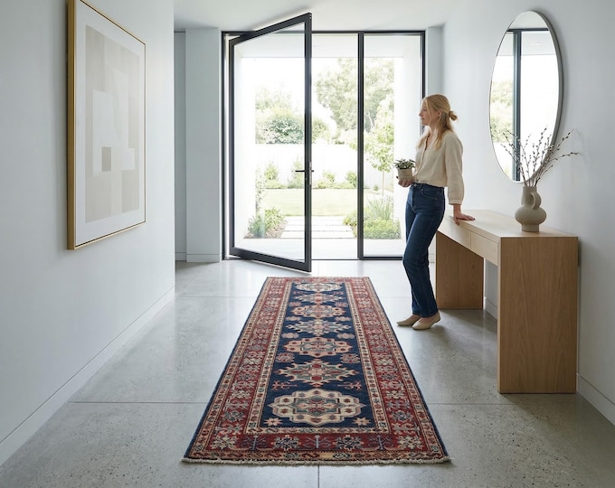 2.1 x 5.6 ft Blue and Red Geomatrical Handmade Runner, Super Kazak Cotton and Wool