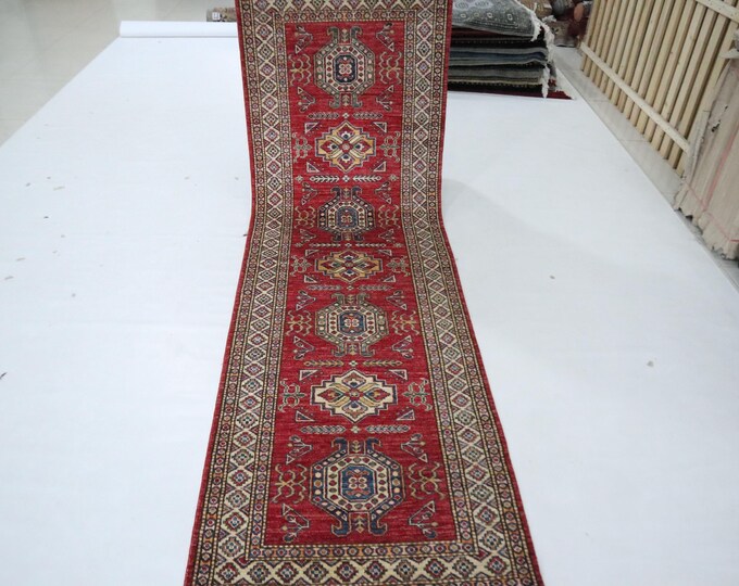 Red Afghan Kazak Runner Rug, Hand Knotted Wool, Geometric Entryway (8 Ft)