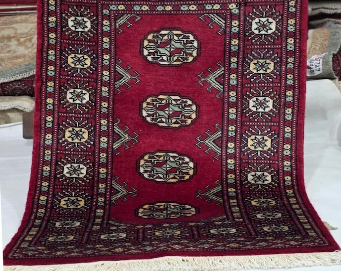 2 X 3 ft Red Geometrical Handmade, Mori Bokhara Cotton and Wool