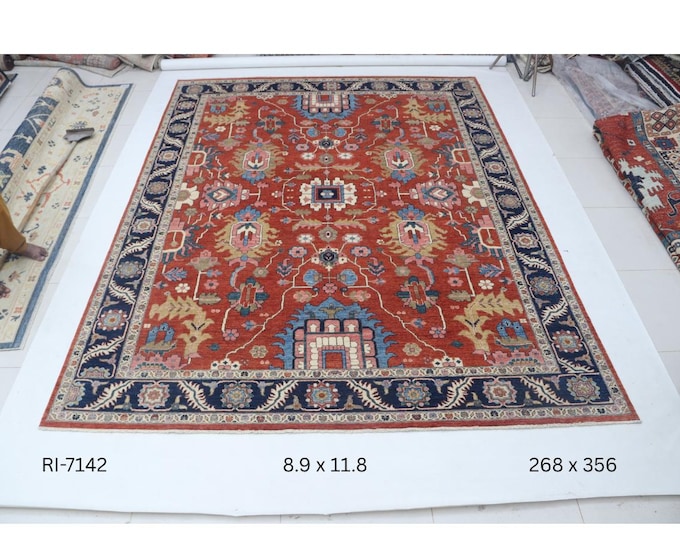 8.9 X 11.8 ft Red and Blue Floral Handmade ,Heriz Cotton and Wool
