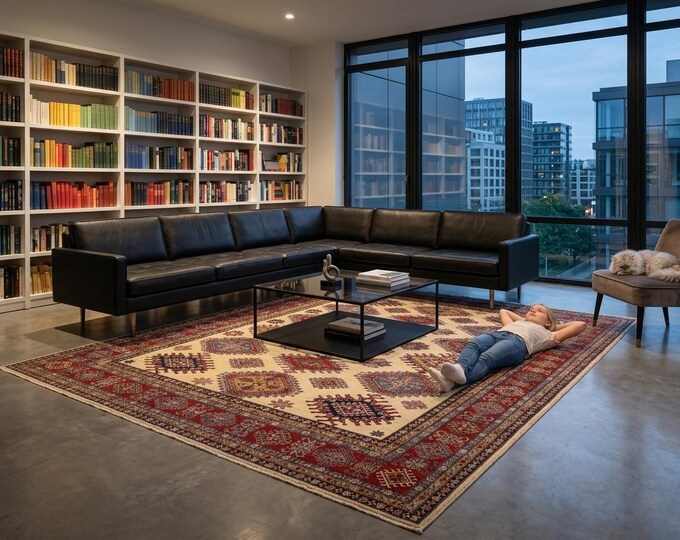 8.11 X 11.8 ft Beige and Red Geomatrical Handmade, Super Kazak Cotton and Wool