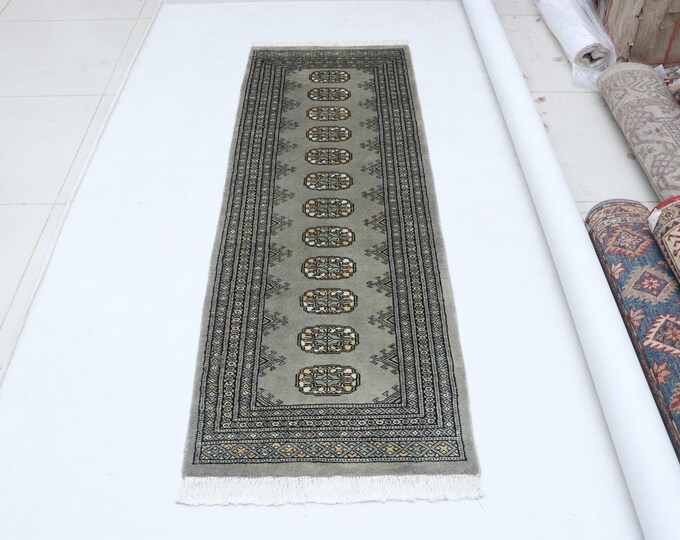 2.0 X 5.11 ft Gray Geomatrical Runner Handmade, Mori Bokhara Cotton and Wool