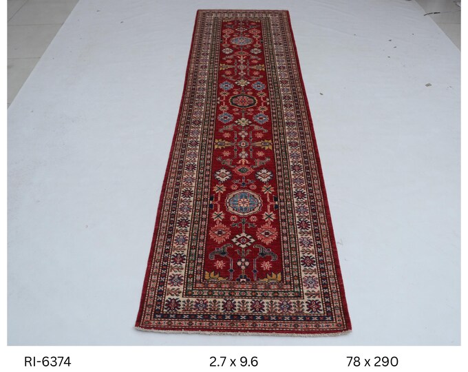 Hand-Knotted Super Kazak Rug, Red & Beige, Wool Touch (2.7 x 9.6 ft)