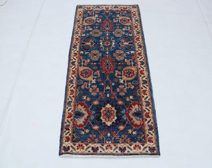 2.1 X 6.10 ft Blue and Beige Floral Handmade Runner ,Heriz Cotton and Wool