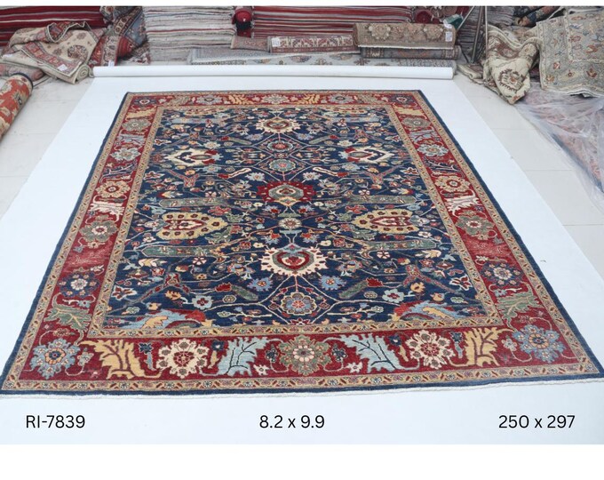 Hand-knotted Heriz Cotton and Wool Rug, Floral in Blue base and Red border, 8.2 x 9.9 ft