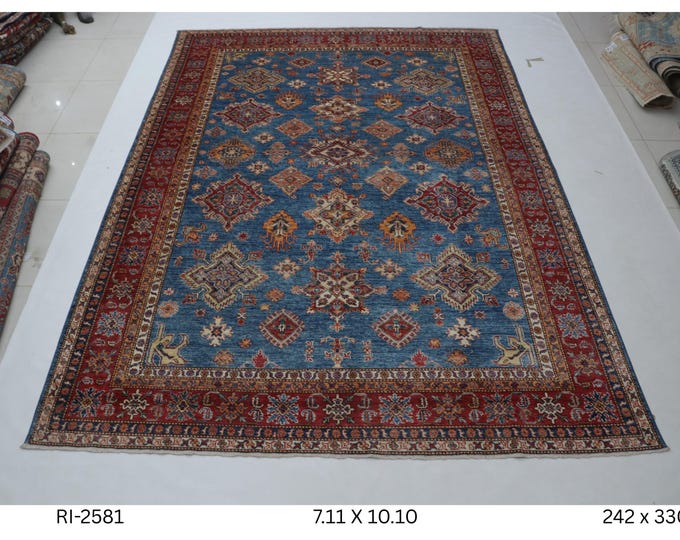 Hand-knotted Wool Rug, Geomatrical Blue and Red, 7.11 x 10.10 ft