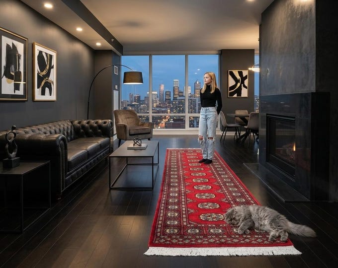 2.1 X 5.8 ft Red Geomatrical Runner Handmade, Mori Bokhara Cotton and Wool