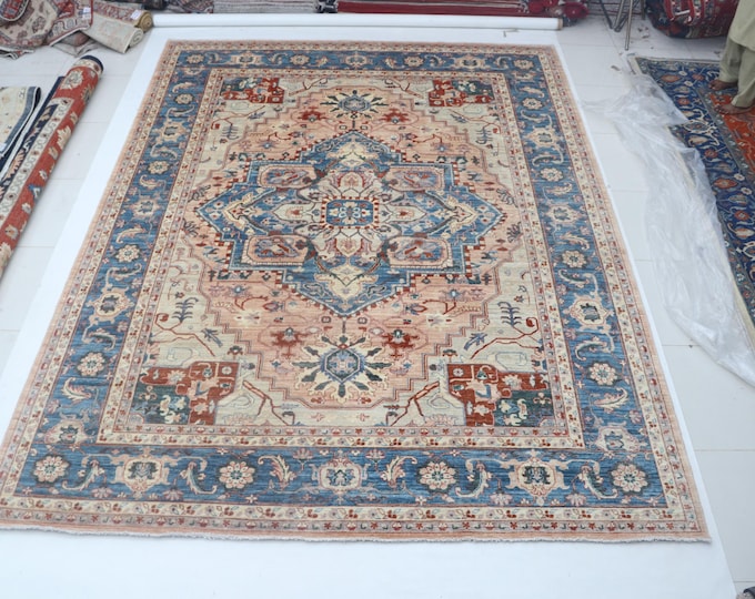 9.11 X 13.0 ft Beige and Blue Floral Handmade ,Heriz Cotton and Wool