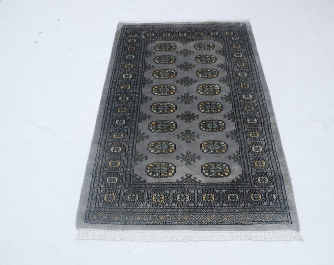 3.0 X 4.11 ft Gray Geomatrical Handmade ,Mori Bokhara Cotton and Wool