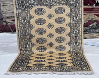 3 X 5 ft Geometrical Mori Bokhara Rug, Beige, Handmade Cotton and Wool